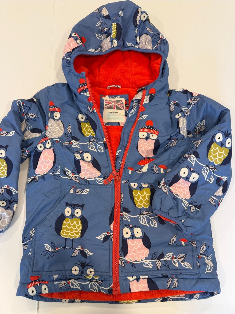 Girls' Blue Owl Print Hooded winter coat with Red fleece lining mini Boden 6-7